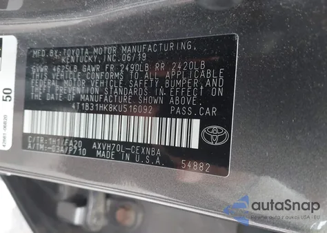 2019 Toyota Camry Hybrid Le/Se/Xle из США, поврежденный, VIN 4T1B31HK8KU516092